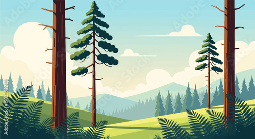 Pixelated forest landscape with rolling hills and fluffy clouds