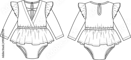 Baby girl long sleeve ruffle romper bodysuit technical fashion flat sketch vector illustration with skirt detail front and back view for apparel design template