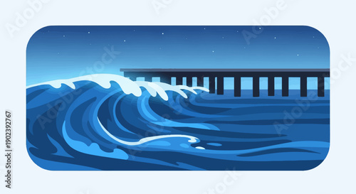 Pixel art of a large wave crashing near a pier at night