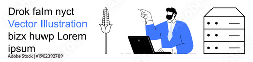 Technology, agriculture, data storage, business, remote work, research. Businessman pointing while working on a laptop, corn plant and server rack. Technology and agriculture illustrated