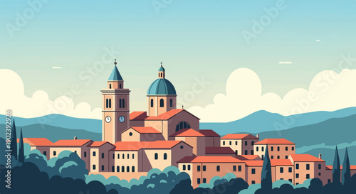 Pixel art of a tranquil village nestled among rolling hills and trees