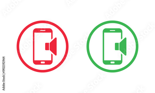 Set of red and green circular call icons featuring a white phone handset and a speaker symbol. Represents hands-free mode, volume, or audio settings in a clean, flat vector style.
