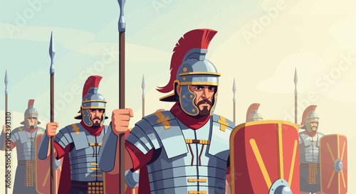 Pixelated Roman soldiers in armor with spears and shields