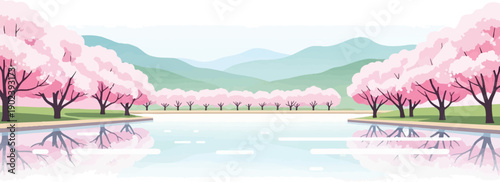 Pixel art panorama of a tranquil lake reflecting blooming cherry trees and distant mountains
