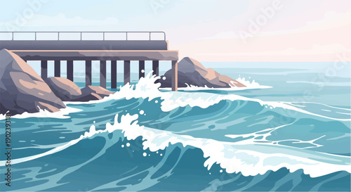 Pixel art of waves crashing near a concrete pier and rocky shore