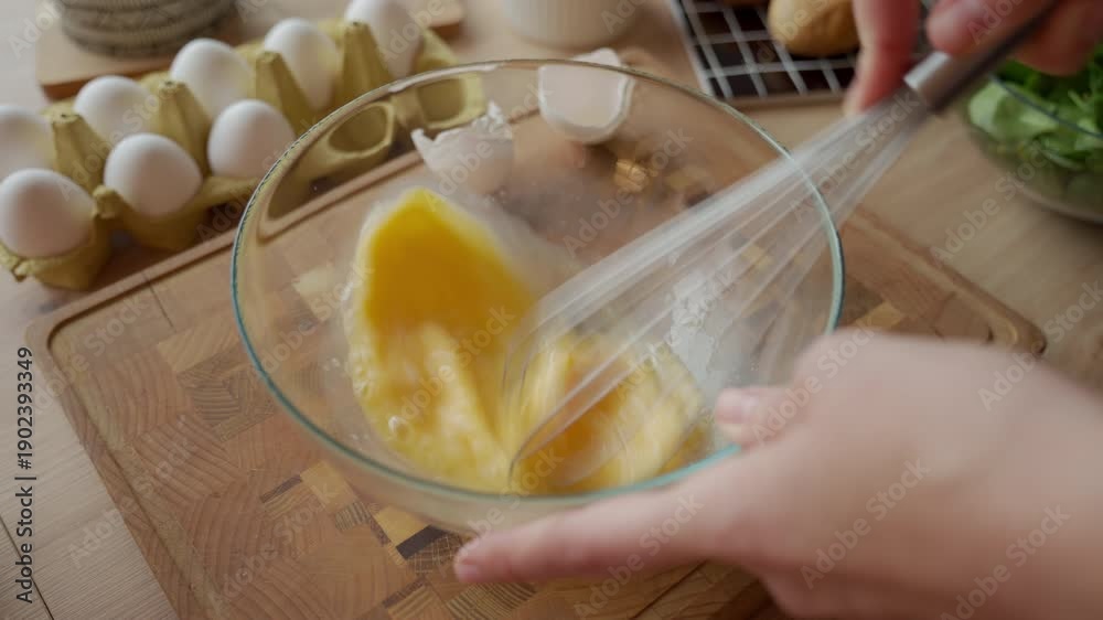 custom made wallpaper toronto digitalPerson whisking eggs in glass bowl with metal whisk on wooden cutting board in kitchen. Concept of breakfast preparation and home cooking
