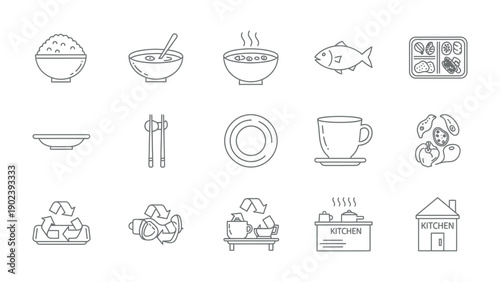 Culinary Canvas: An array of minimalist line drawings showcases the diverse elements of cuisine. The artwork illustrates a collection of food items, tableware, and kitchen elements. 