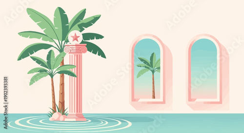 Pixelated scene with pastel colors tropical palms, classical column, and arched openings