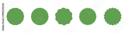 Green circle sticker collection. Star burst shape green tags for shop, price. Wavy edge promo green badges. Flat vintage labels. Blank sale stickers set, simple silhouette.