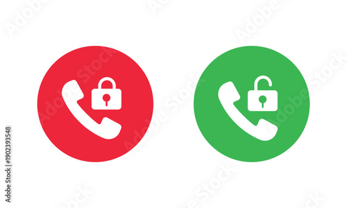 Telephone handset icons with padlock symbols in red and green outlines. Representing secure communication, encrypted calls, and privacy settings.
