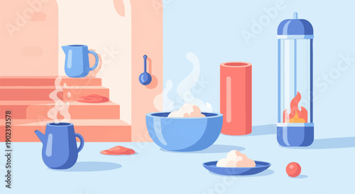 Pixelated still life with food, drinkware, and a heat source