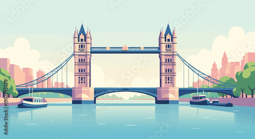Pixelated illustration of a famous bridge over a river with boats and city skyline