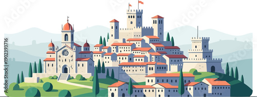Pixelated illustration of an ancient hilltop town with a castle and church