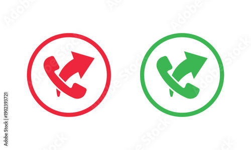 Two circular phone icons, red with white handset facing down to end call, and green with white handset facing up to answer call. Universal mobile communication symbols for apps and interfaces.