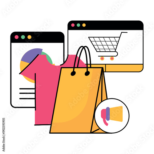 Digital illustration of shopping bag and clothing on mobile