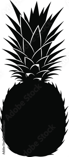 Black silhouette of fresh pineapple fruit with spiky leaves isolated on white background for tropical summer food design elements and healthy lifestyle symbols