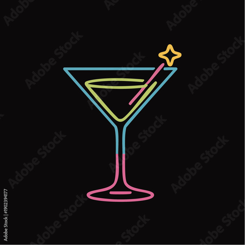 neon cocktail glass with glowing straw and star accent capturing festive nightlife color, playful energy, and modern party style