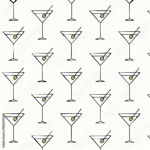crisp martini‑glass repeat with bright olive accents creating a rhythmic, celebratory pattern for modern cocktail culture