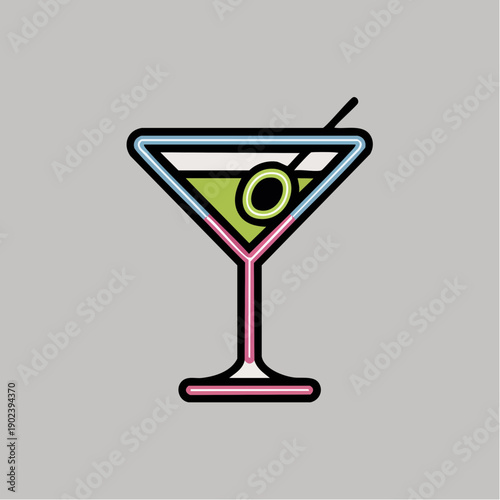neon‑rim martini glass with bright olive glow capturing retro nightlife energy, playful color contrast, and modern cocktail flair
