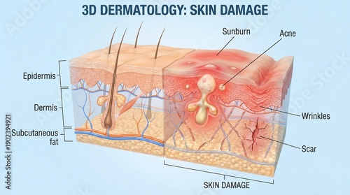 3D dermatology skin damage illustration showing epidermis dermis subcutaneous fat sunburn acne wrinkles and scar with inflamed and damaged cells educational and medical concept