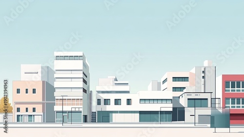 Clean architectural rendering of modern educational or public complex with flat roofs, colored sections, and large windows under soft blue sky. Generative by AI