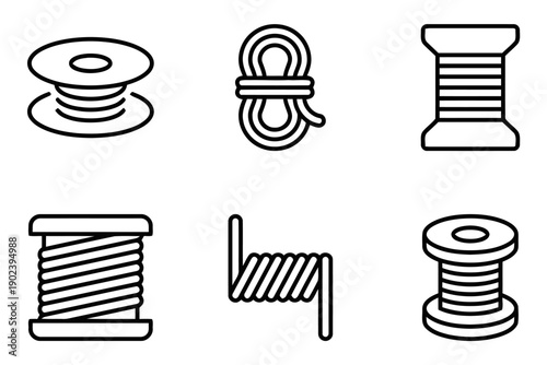 Group of six icons depicting spools of thread and rope in outline style
