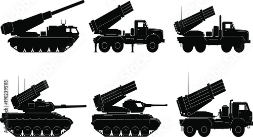 Collection of black silhouette military vehicles with rocket launchers and tanks