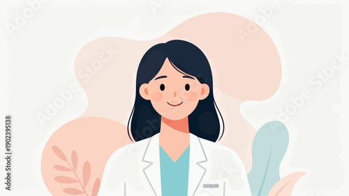 A woman in a white lab coat is smiling. She is wearing a blue shirt and a white lab coat