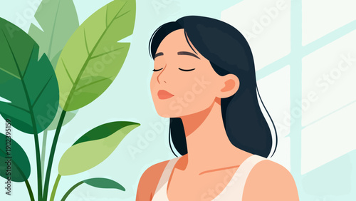 A woman is sitting in front of a plant, looking relaxed and peaceful. The plant is green and has large leaves