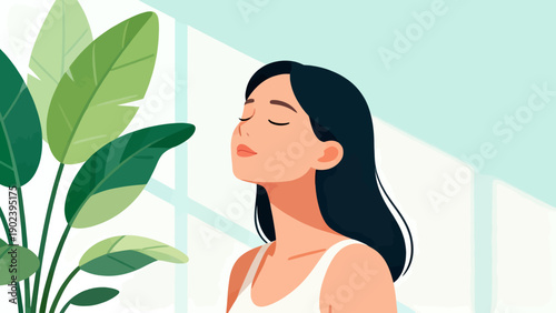 A woman is sitting in front of a plant, looking relaxed and peaceful. The plant is a large green leafy plant with a long stem