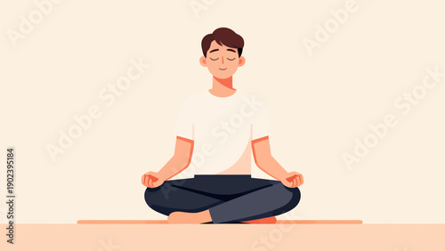 A man is sitting cross legged on a mat with his hands on his knees. He is in a relaxed and peaceful state