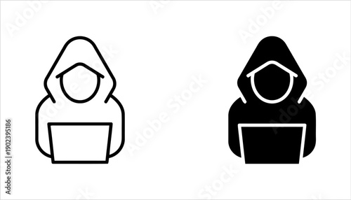 Hacker with hoodie at laptop outline and silhouette vector icons