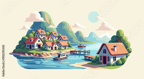 Pixel art village by the sea with boats and mountains in background