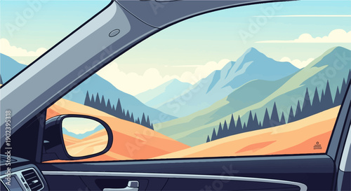 Pixelated view from car window shows mountains, trees, and rolling hills