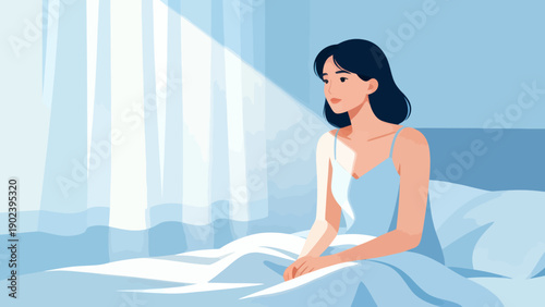 A woman is sitting in bed with her head tilted to the side. She is looking at the camera