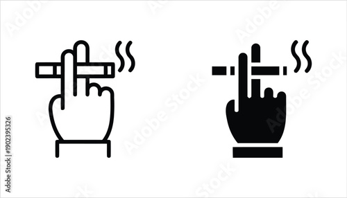 Hand holding cigarette with smoke, outline and solid icons