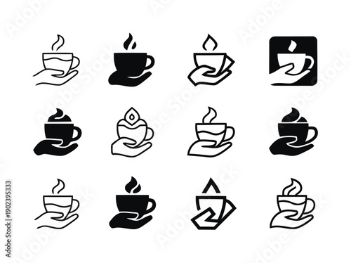 Hand holding coffee cup with steam icons set