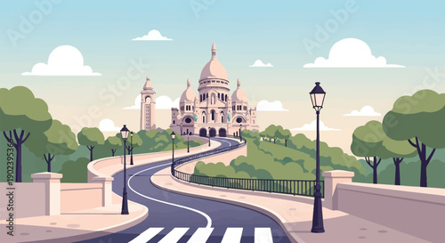 Pixelated view of a grand domed building and winding road under a cloudy sky