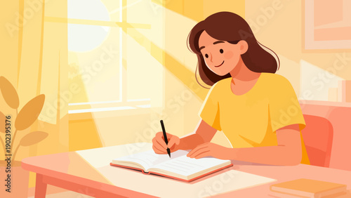 A woman is writing in a book. She is smiling and the room is bright. The book is open to a page with a pen on it