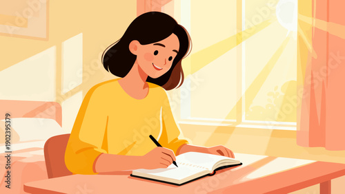 A woman is writing in a book. She is smiling and the sun is shining through the window