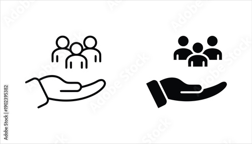 Hand holding group people icon outline and filled
