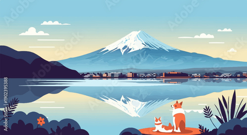 Pixelated landscape features a majestic snow-capped mountain reflecting in a calm lake