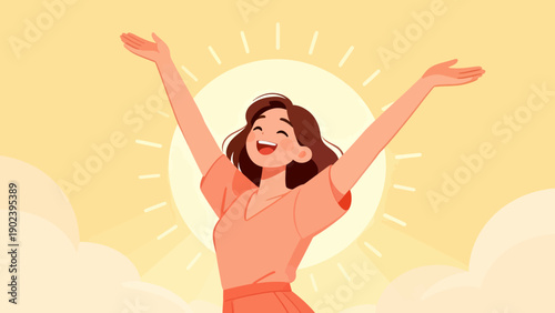 A woman is smiling and holding her arms up in the air. The image has a bright and cheerful mood, conveying a sense of happiness and positivity