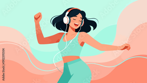 A woman is dancing with headphones on. She is smiling and she is enjoying herself. Concept of happiness and freedom, as the woman is expressing herself through dance