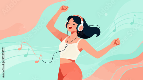 A woman is dancing to music while wearing headphones. The music is upbeat and energetic, and the woman is fully engaged in the dance. Concept of joy and freedom