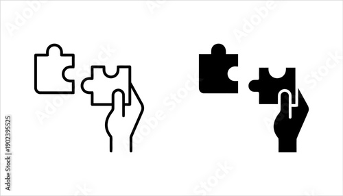 Hands connecting puzzle pieces, concept of teamwork and problem solving