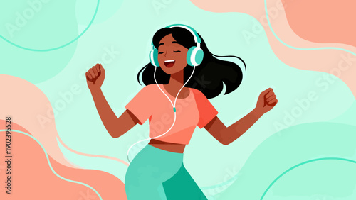 A woman is dancing with her headphones on. She is smiling and she is enjoying herself. Concept of happiness and freedom, as the woman is expressing herself through dance and music