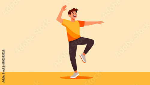 A man in a yellow shirt is dancing on a yellow background. He is smiling and he is enjoying himself