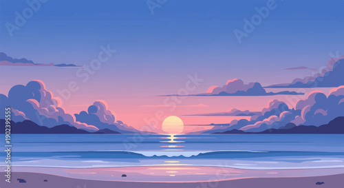Pixel art sunset over a serene ocean with gentle waves on the shore
