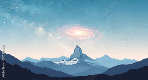 Pixelated mountain peak below a vibrant, swirling galaxy and starry sky